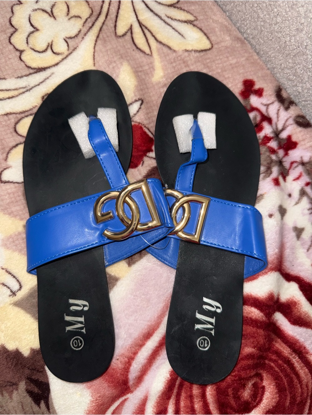 Women's Royal Blue Toe-Post Sandals with Gold Accent